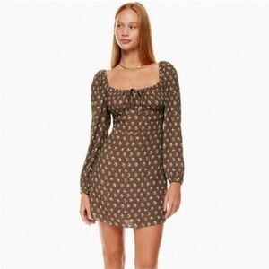 Aritzia Sunday Best Delilah Brown Floral Smocked Long Sleeve Mini Dress sz small